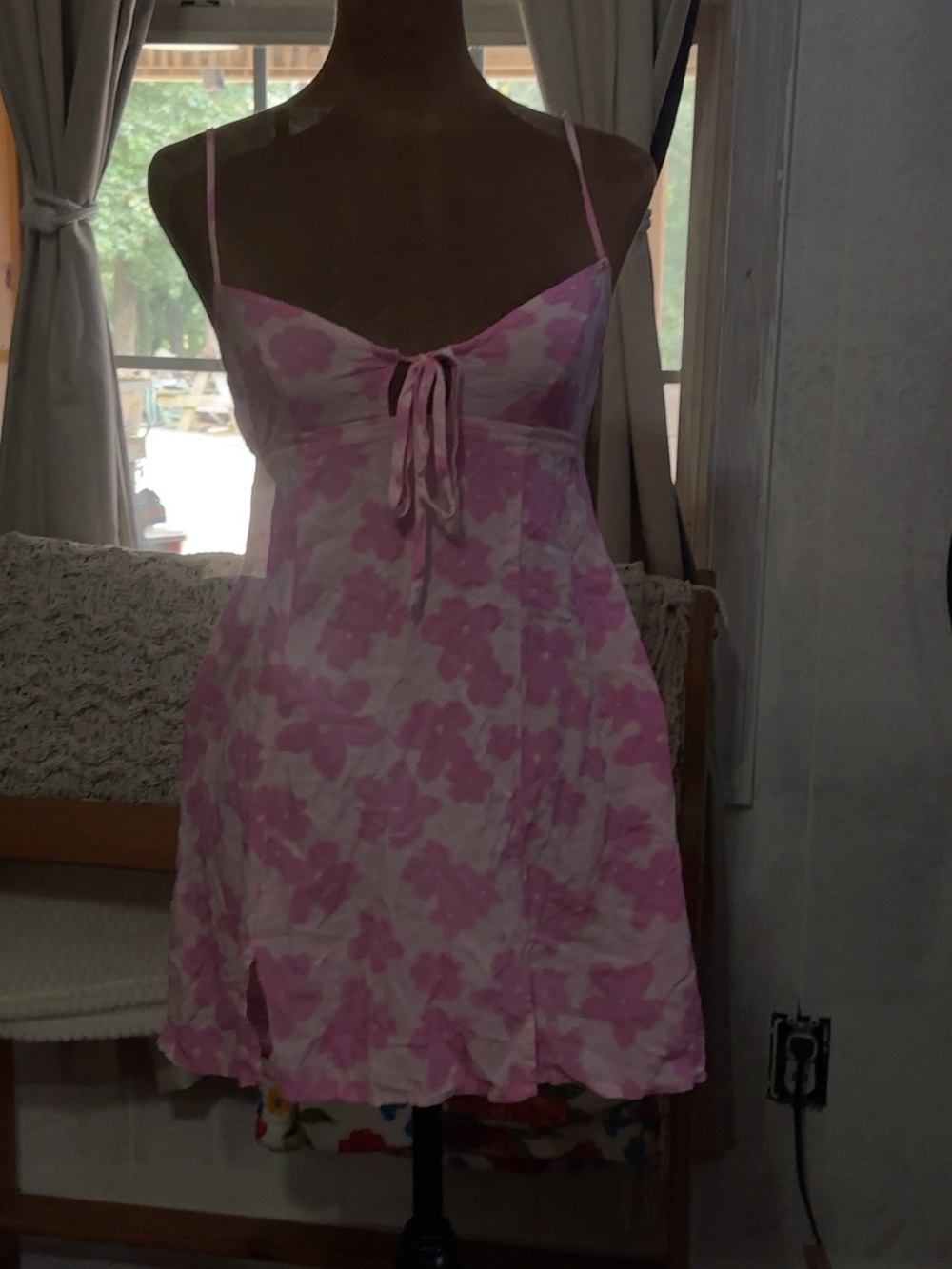 Pink White Floral Tie Front Mini Dress Spaghetti Strap Coquette Sundress